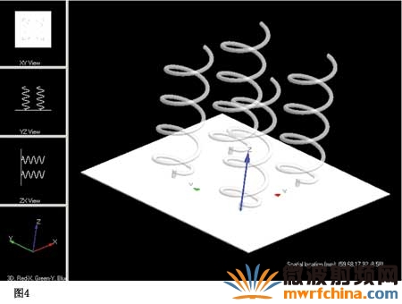 將原有的單個螺旋天線模型進行復制粘貼等命令并修改反射接地面得到下圖所示的螺旋天線陣列圖見圖4