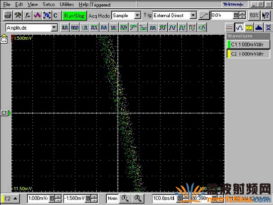 手動校正 TClk 同步化的 NI PXI-5421 任意波形發生器 10 MHz 方波負緣放大圖──偏斜大約是 20 ps