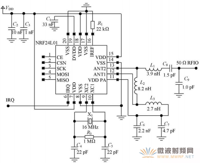 圖2由NRF24L01 芯片構成的通信模塊電路圖。