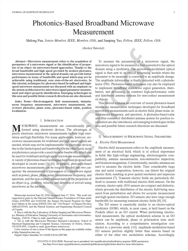 南京航空航天大學微波光子學實驗室在IEEE/OSA JLT上發(fā)表微波光子寬帶測量的Invited Tutorial